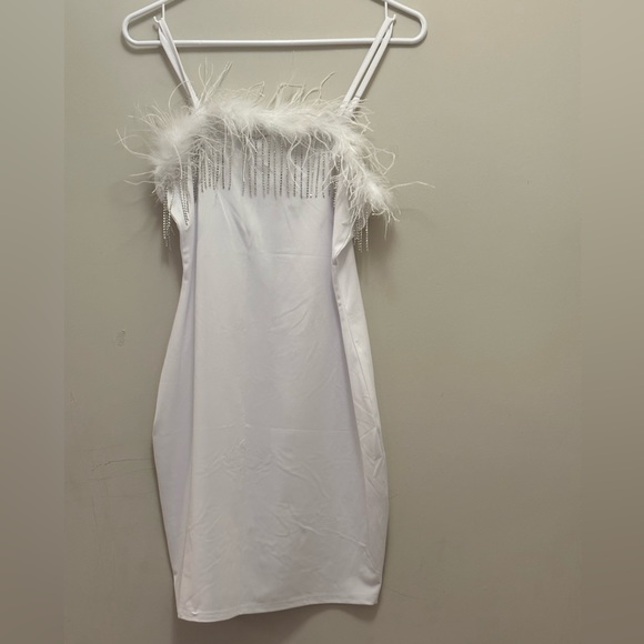 TINY STRAP MINI BODYCON DRESS WITH FEATHERS AND SILVER TRIMMINGS. NWOT - Picture 6 of 10